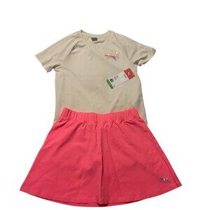 PUMA skirt-short set for girls, size L in pink and beige. Made in Cambodia.
